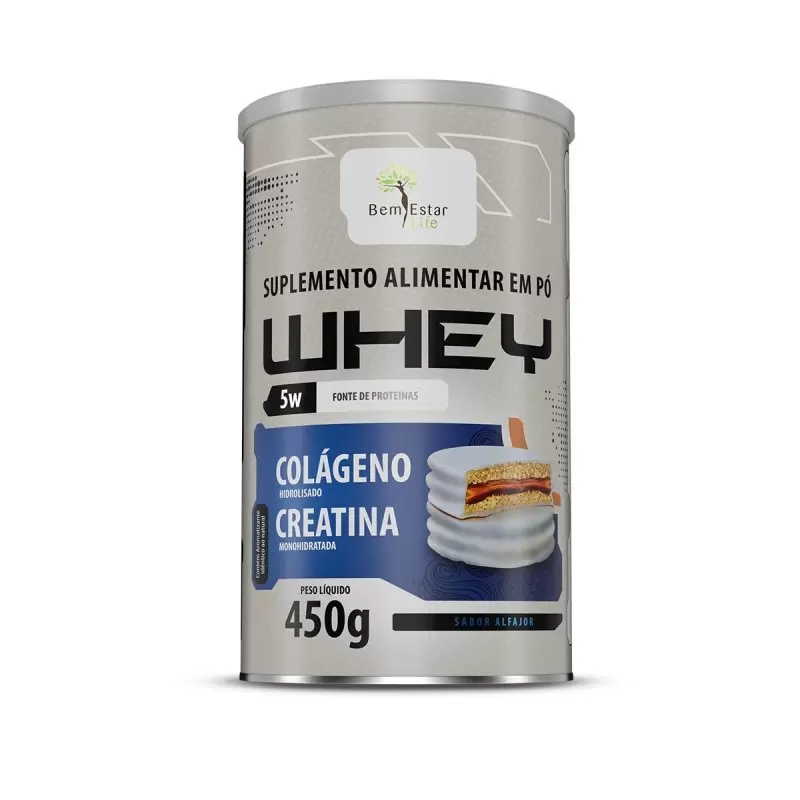 WHEY 5W 450G. Com Colágeno + Creatina, Sabor Alfajor